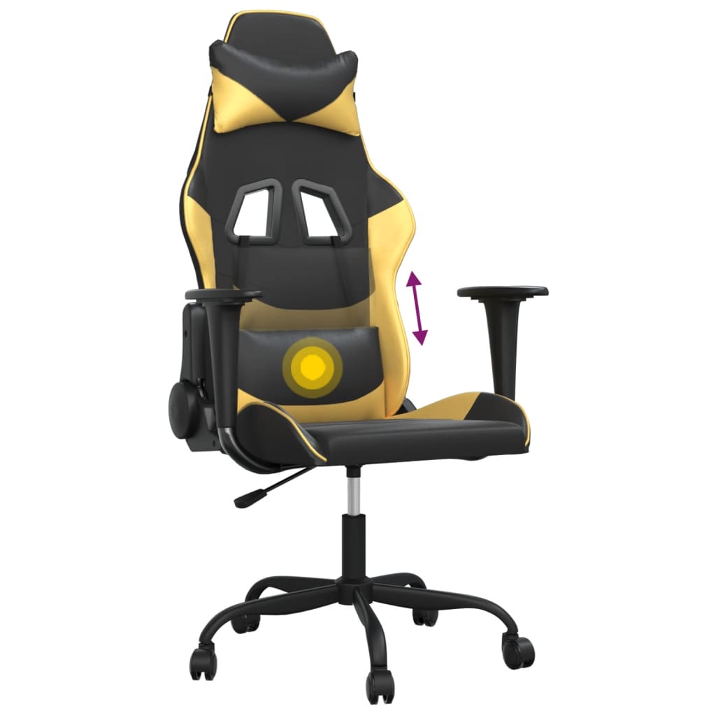 vidaXL Cadeira gaming massagens couro artificial preto e dourado