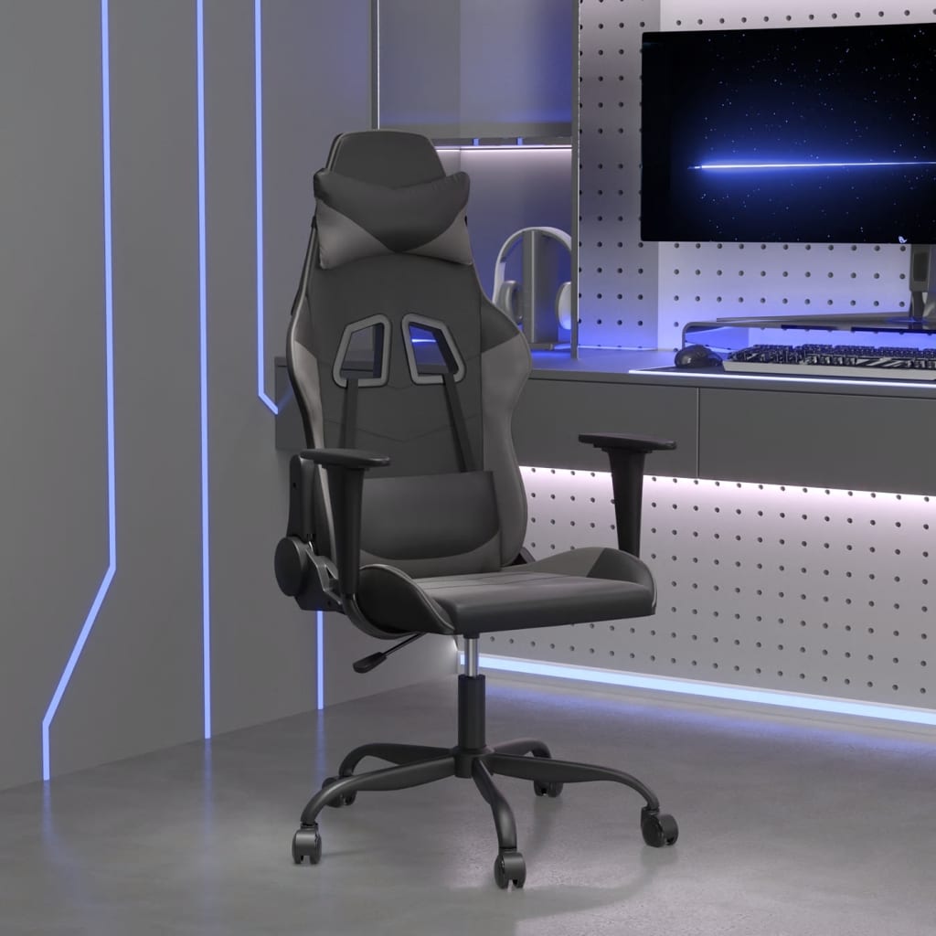 vidaXL Cadeira gaming massagens couro artificial preto e cinzento