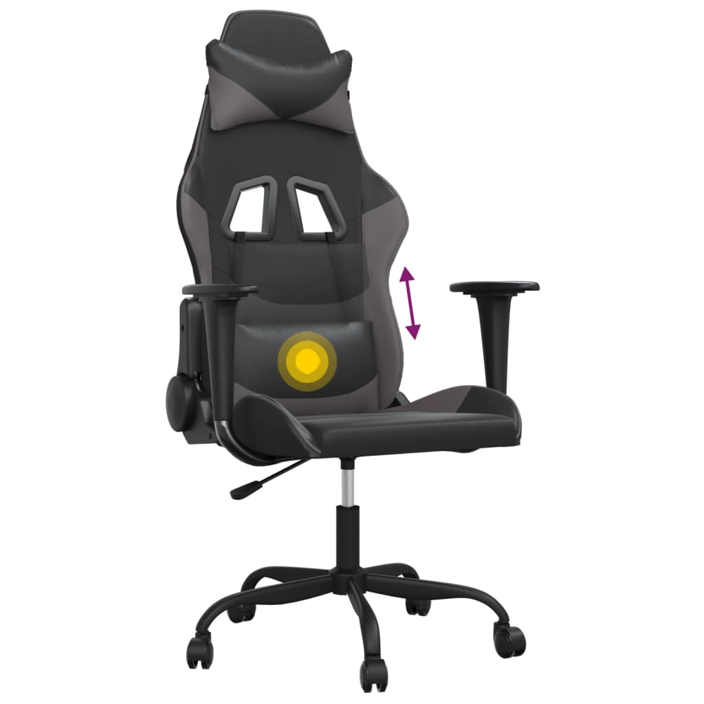 vidaXL Cadeira gaming massagens couro artificial preto e cinzento