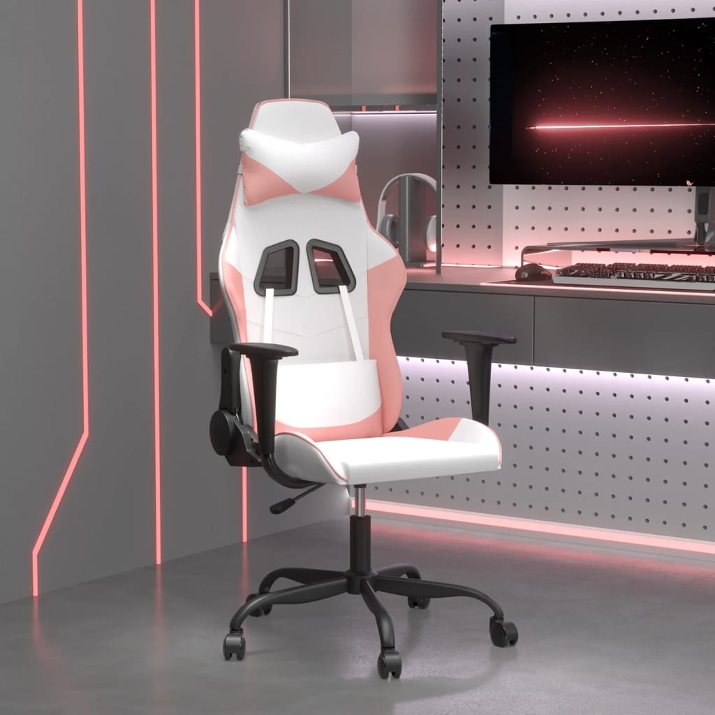 vidaXL Cadeira gaming massagens couro artificial branco e rosa