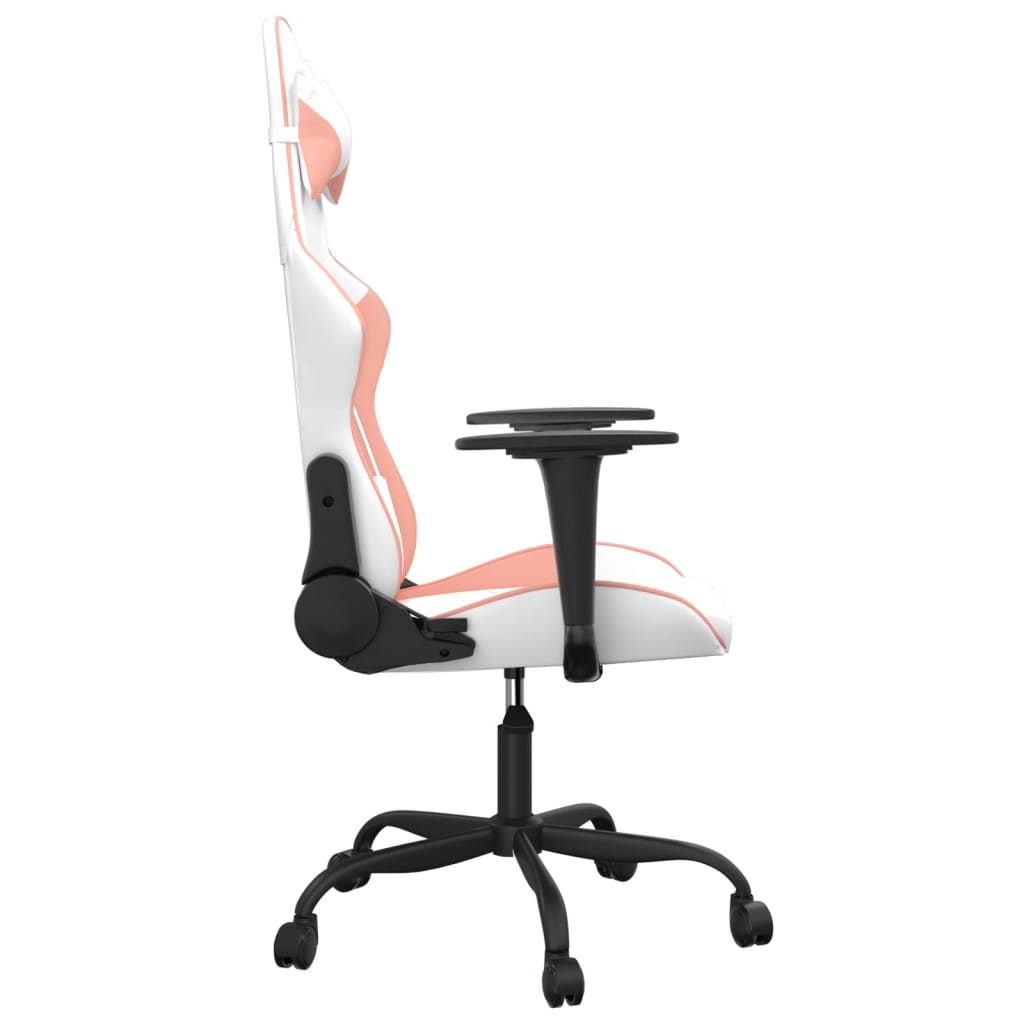 vidaXL Cadeira gaming massagens couro artificial branco e rosa