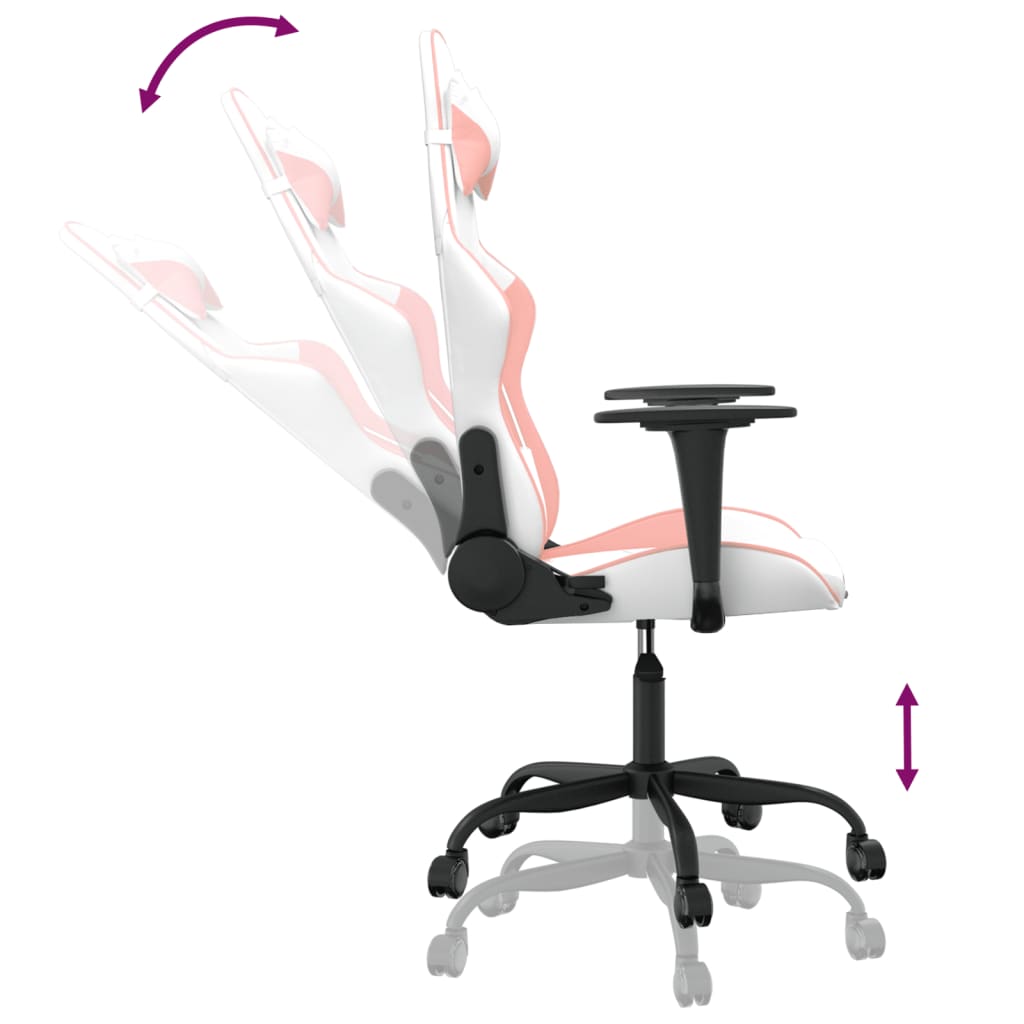 vidaXL Cadeira gaming massagens couro artificial branco e rosa