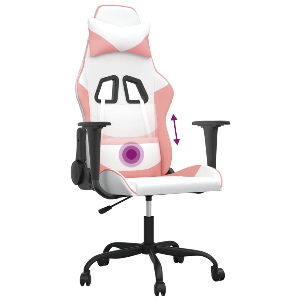 vidaXL Cadeira gaming massagens couro artificial branco e rosa