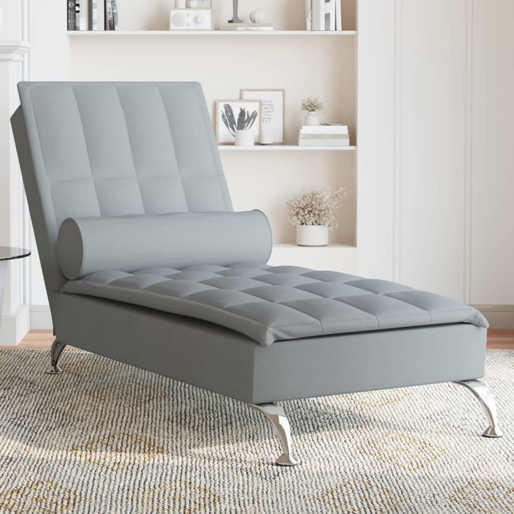 vidaXL Chaise lounge de massagem com rolo tecido cinzento-claro