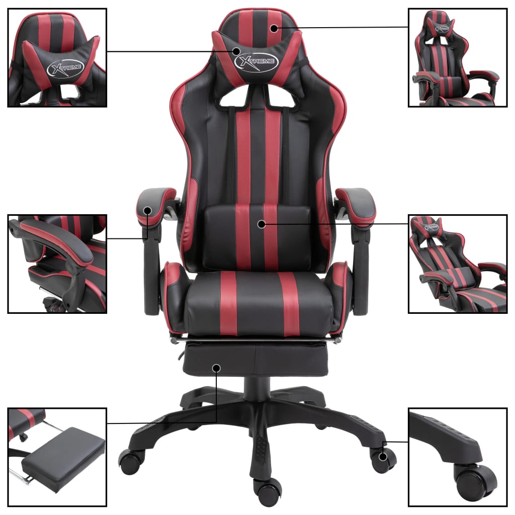 vidaXL Cadeira de gaming c/ apoio pés couro artificial vermelho tinto