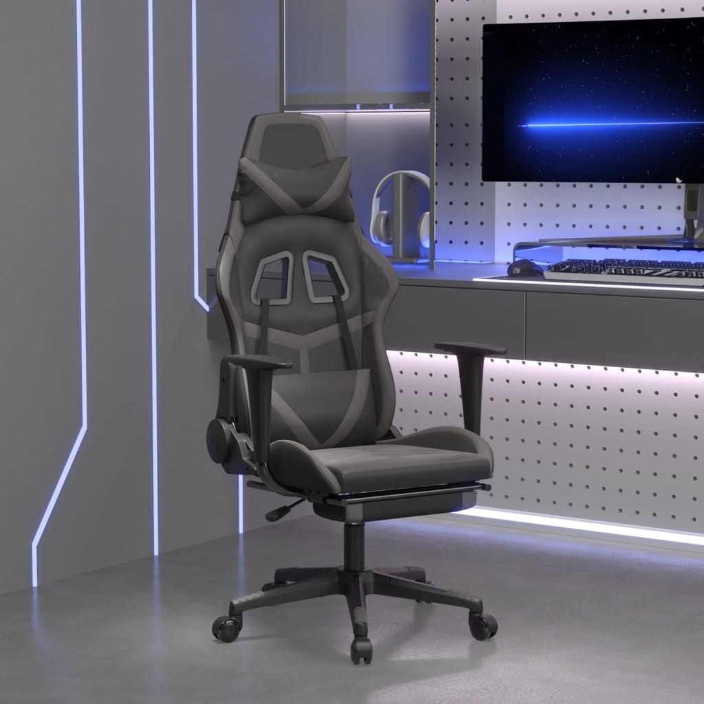 vidaXL Cadeira gaming massagens c/ apoio pés couro artif. preto/cinza