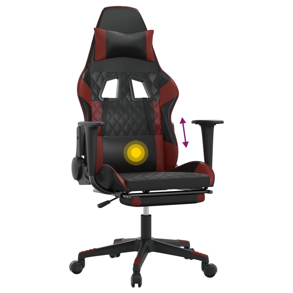 vidaXL Cadeira gaming massagem + apoio couro art. preto/vermelho tinto