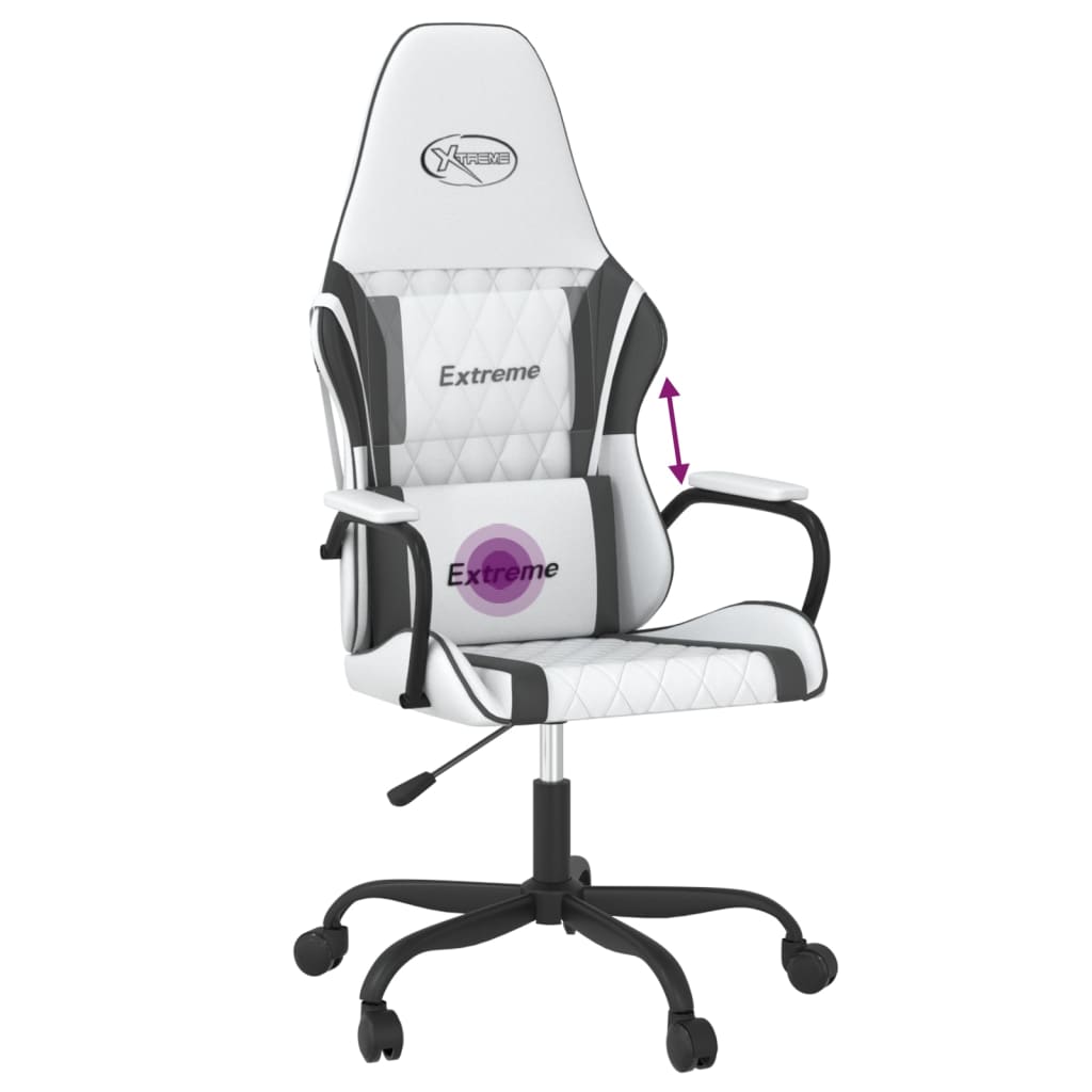 vidaXL Cadeira gaming massagens couro artificial branco e preto