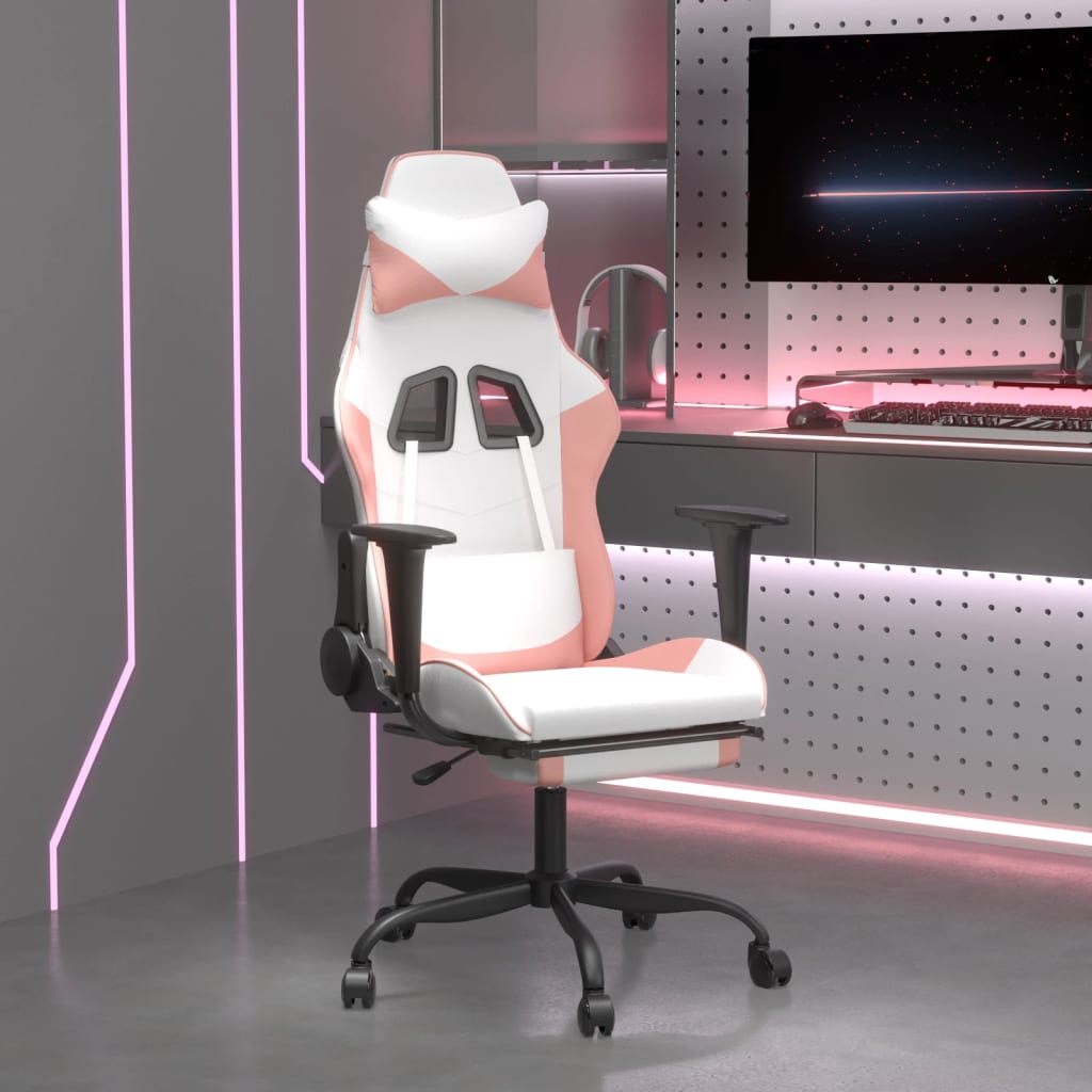 vidaXL Cadeira gaming com apoio p/ pés couro artificial branco e rosa