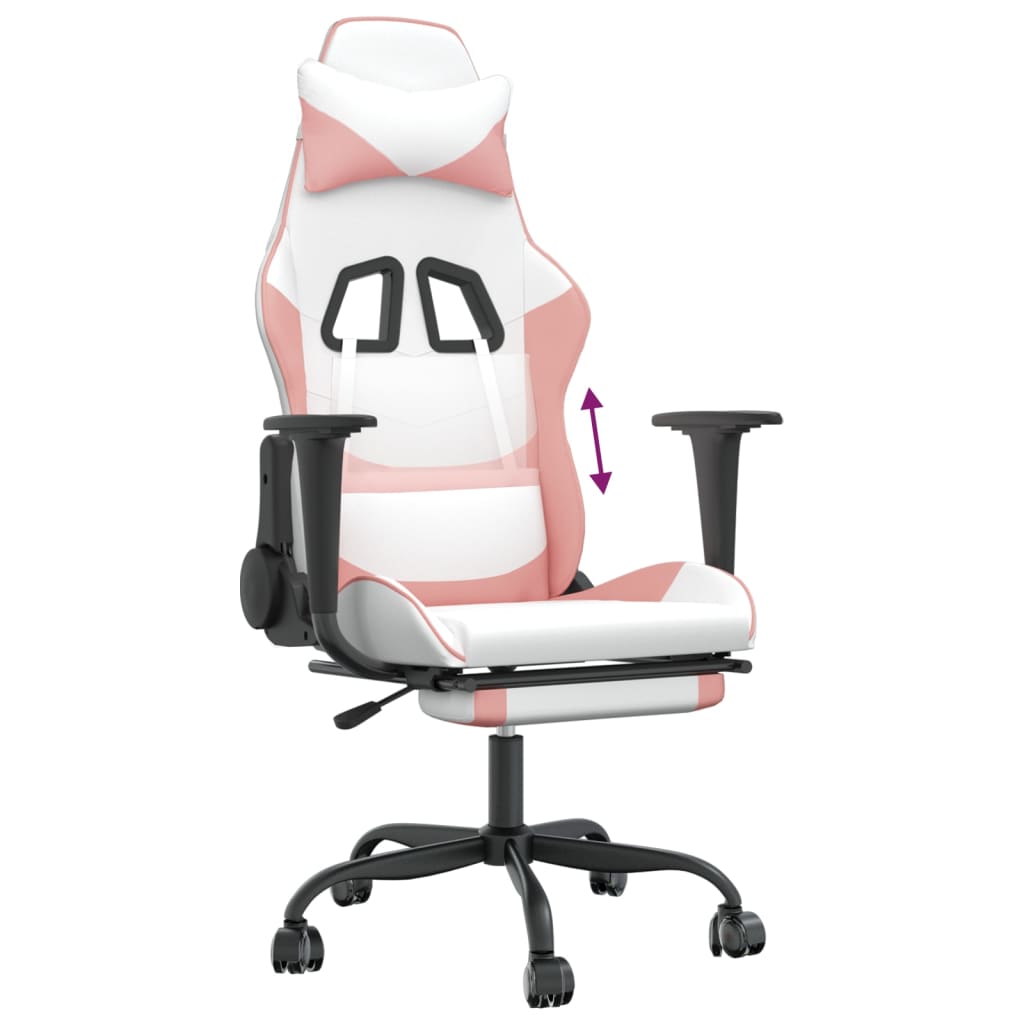 vidaXL Cadeira gaming com apoio p/ pés couro artificial branco e rosa