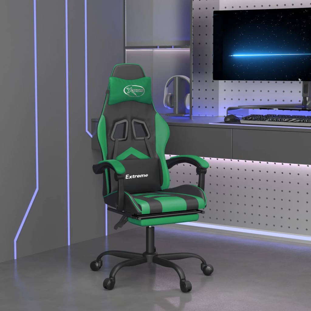 vidaXL Cadeira gaming c/ apoio pés couro artificial preto e verde