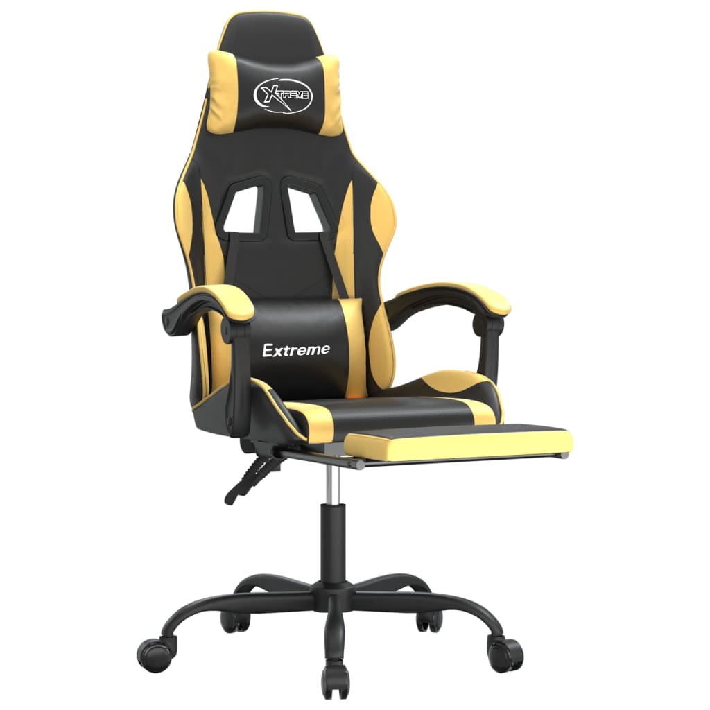 vidaXL Cadeira gaming c/ apoio pés couro artificial preto e dourado