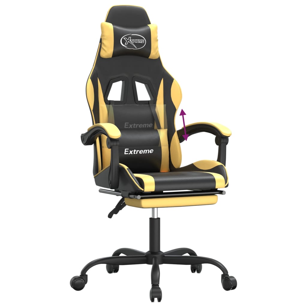 vidaXL Cadeira gaming c/ apoio pés couro artificial preto e dourado