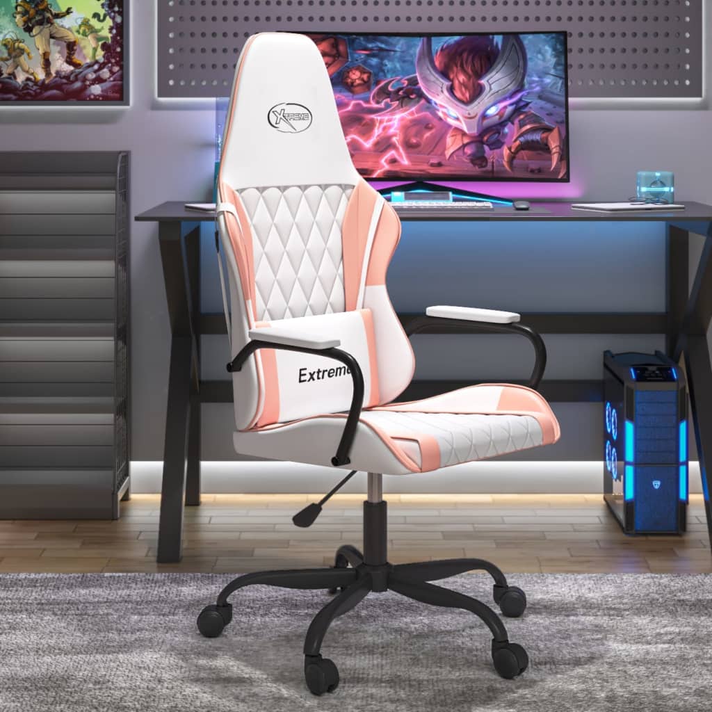 vidaXL Cadeira gaming couro artificial branco e rosa