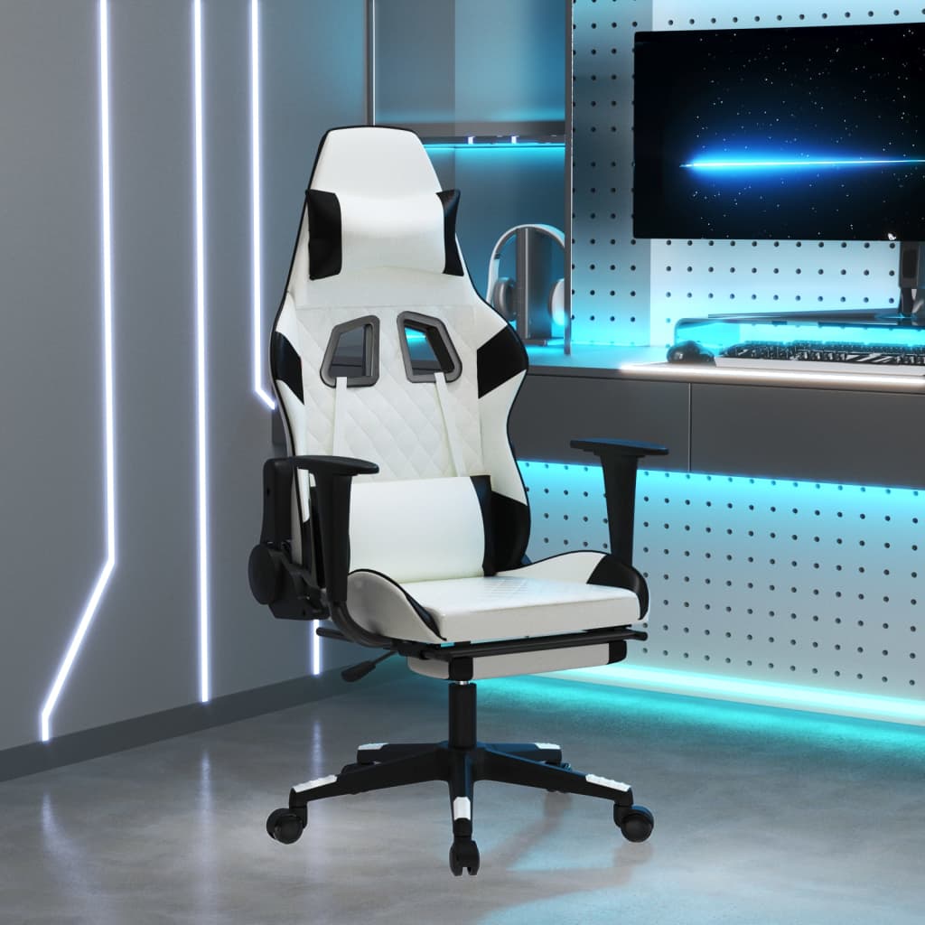 vidaXL Cadeira gaming c/ apoio p/ pés couro artificial preto e branco