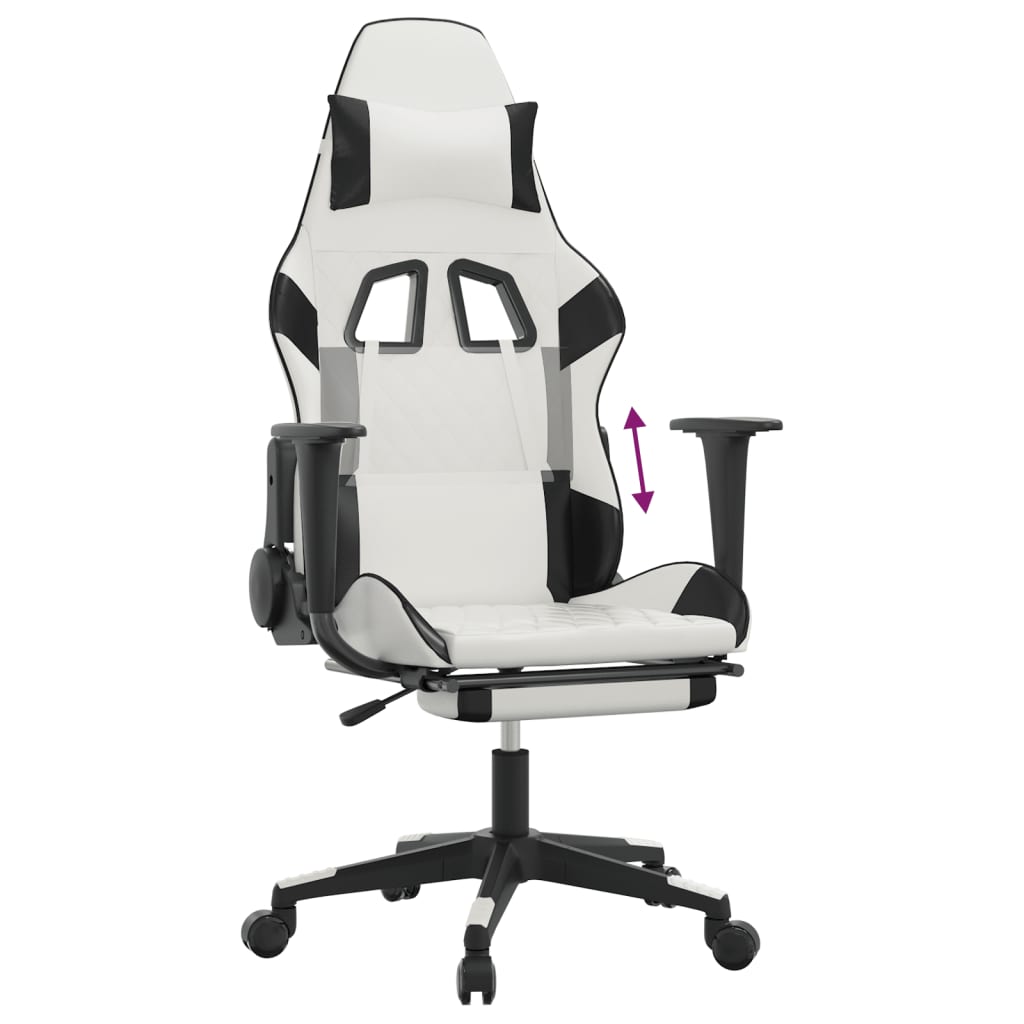 vidaXL Cadeira gaming c/ apoio p/ pés couro artificial preto e branco