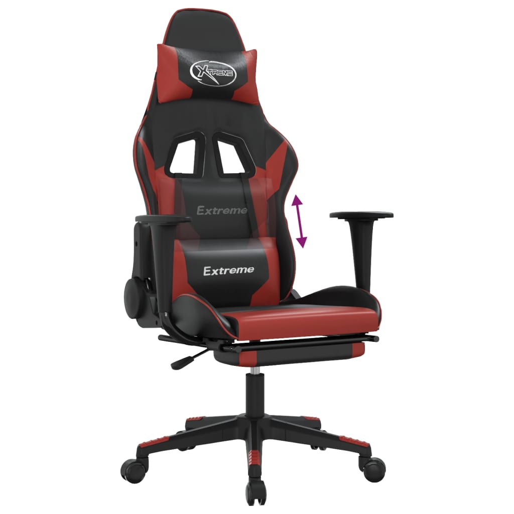 vidaXL Cadeira gaming +apoio pés couro artificial preto/vermelho tinto