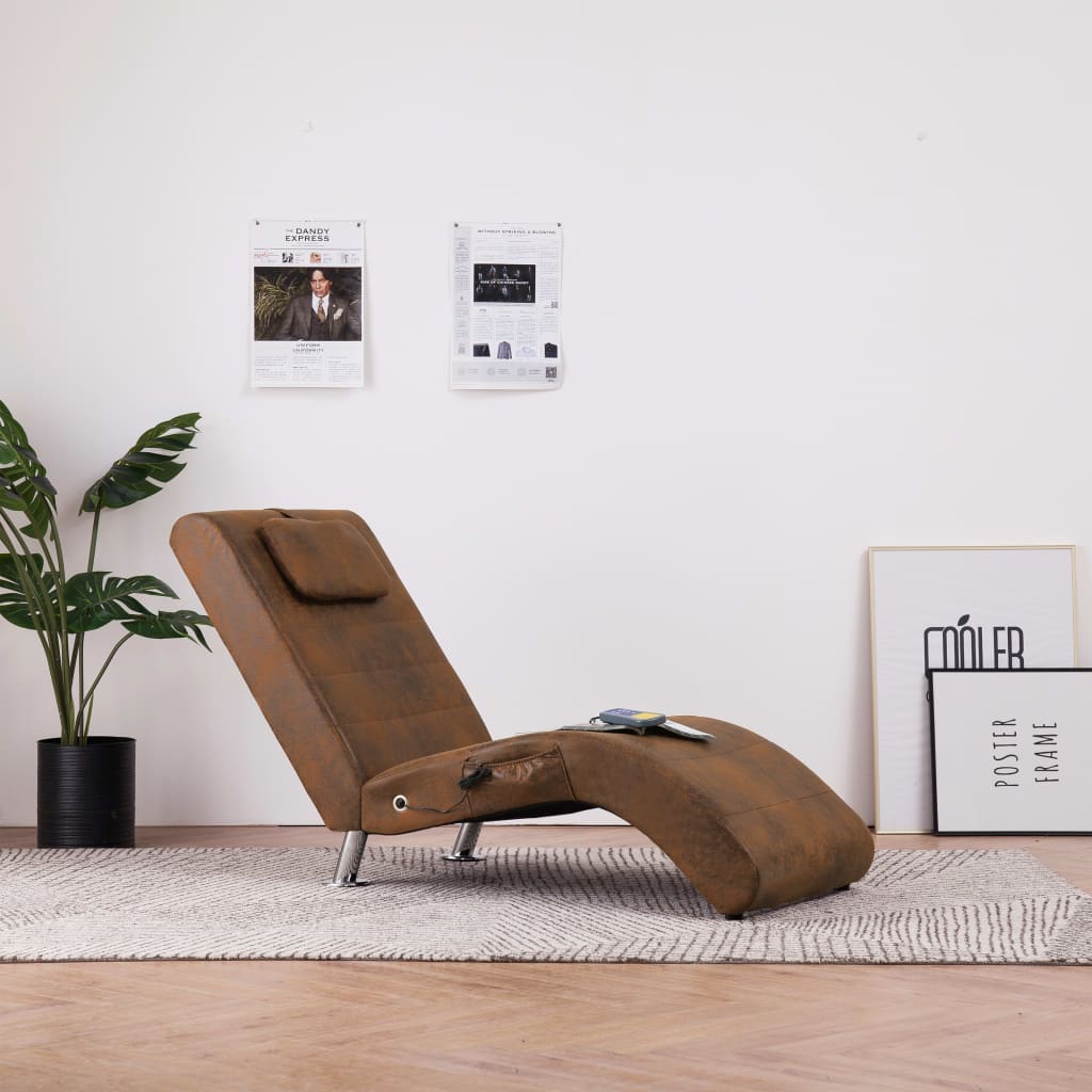 vidaXL Chaise longue massagem c/ almofada camurça artificial castanho