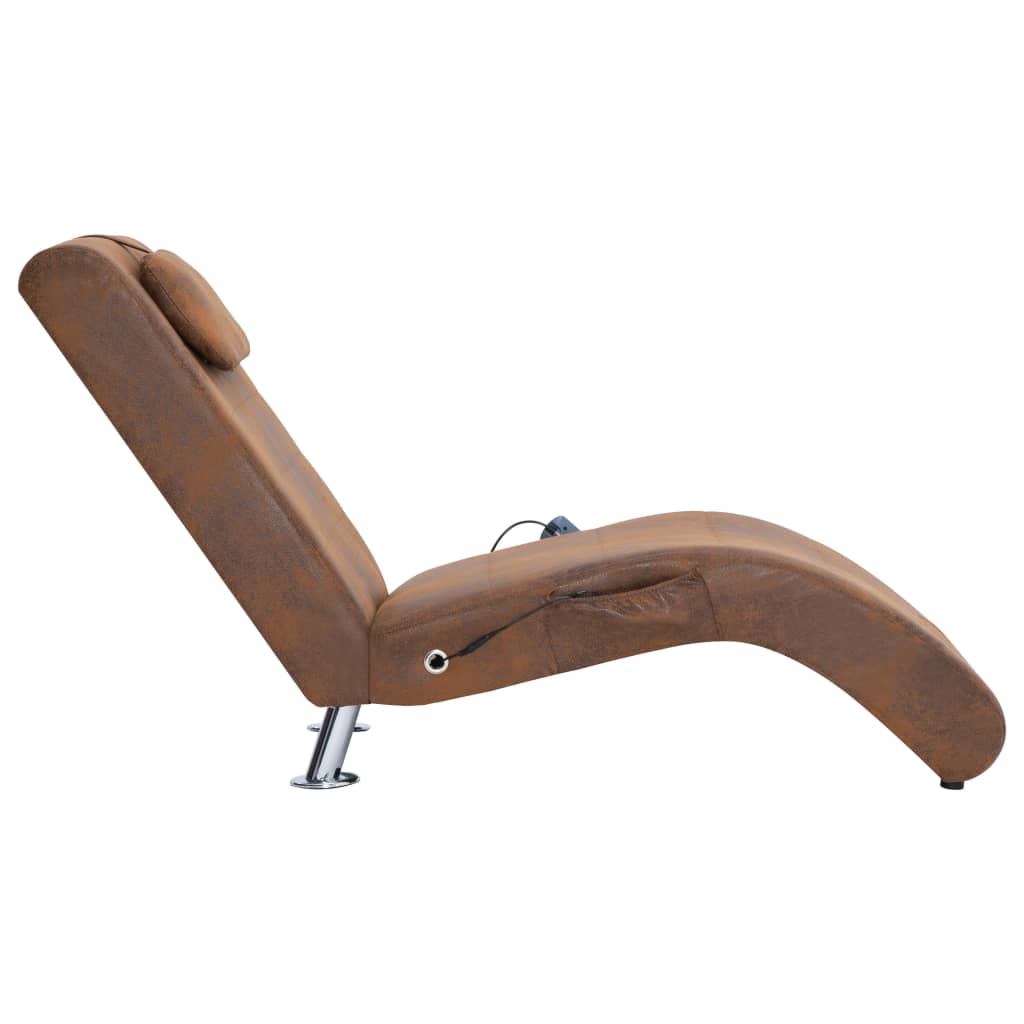 vidaXL Chaise longue massagem c/ almofada camurça artificial castanho