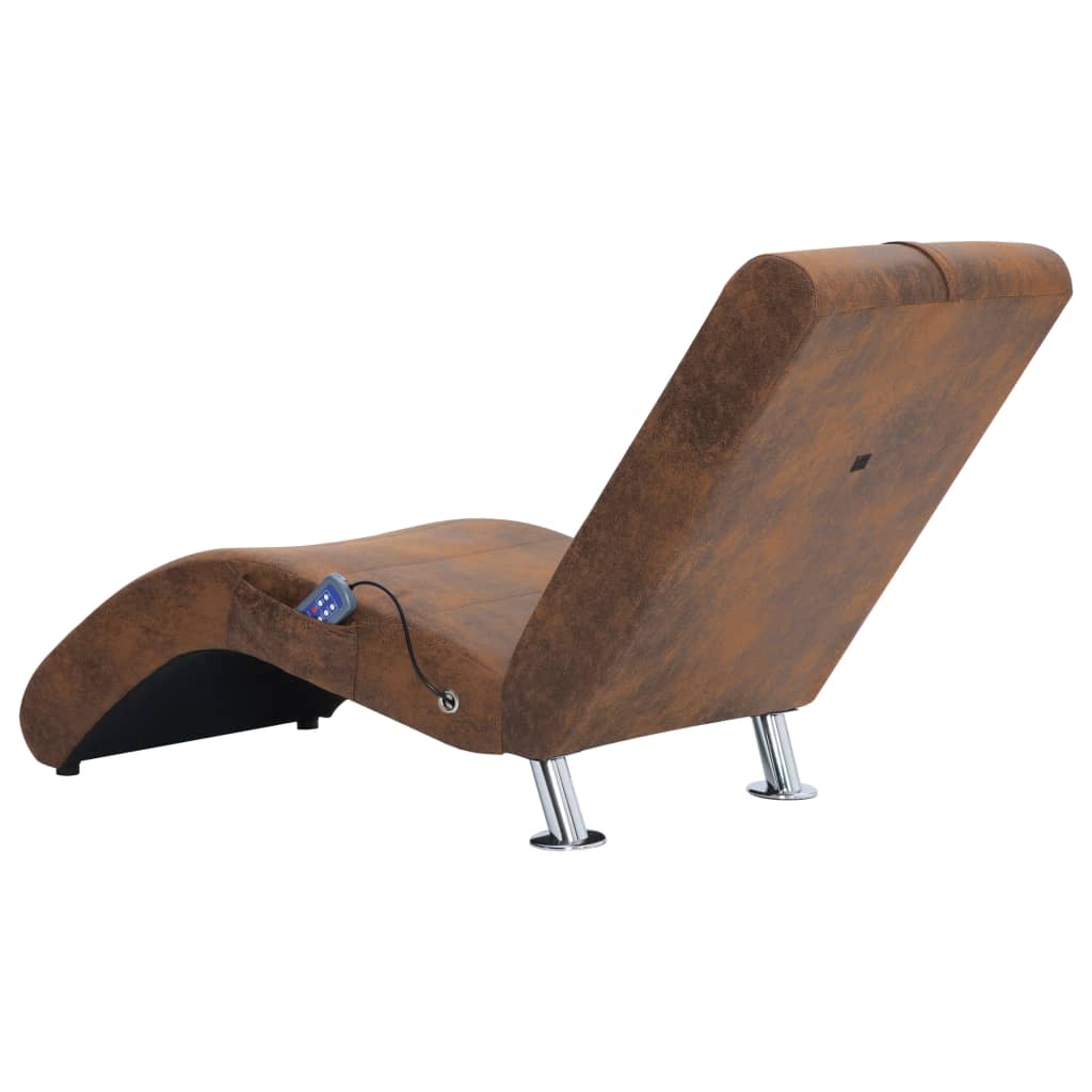 vidaXL Chaise longue massagem c/ almofada camurça artificial castanho