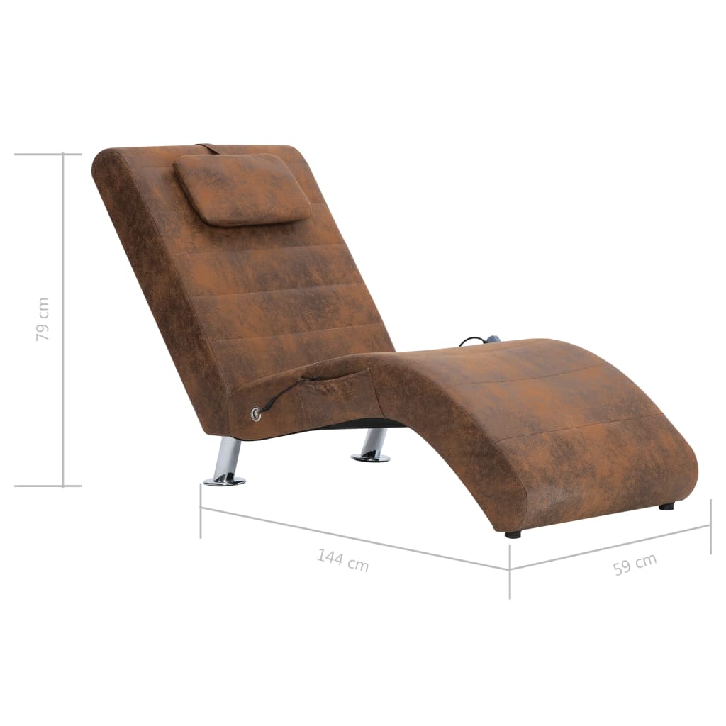 vidaXL Chaise longue massagem c/ almofada camurça artificial castanho