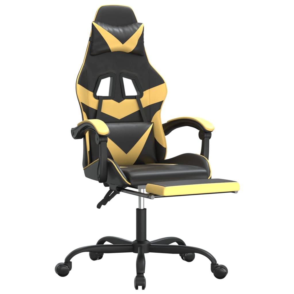 vidaXL Cadeira gaming giratória + apoio couro artificial preto/dourado