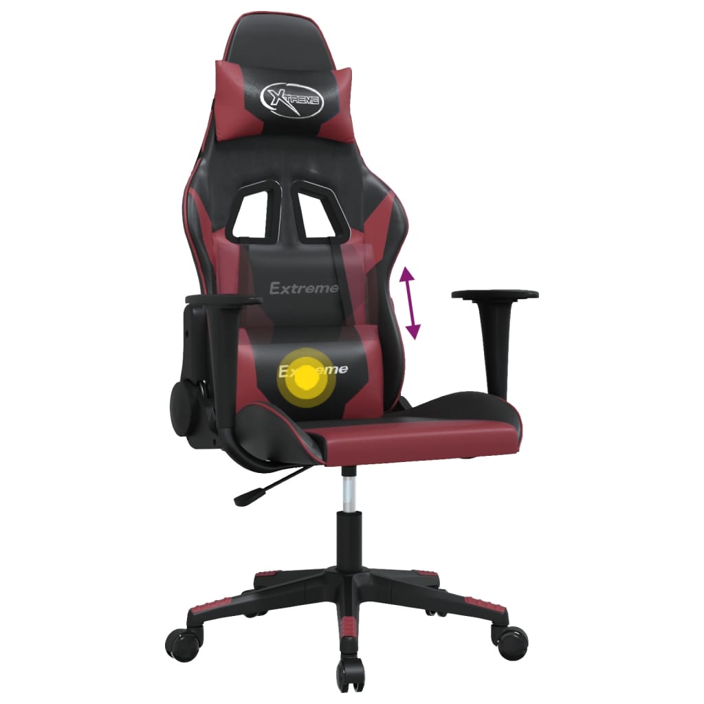 vidaXL Cadeira gaming massagens couro artificial preto/vermelho tinto