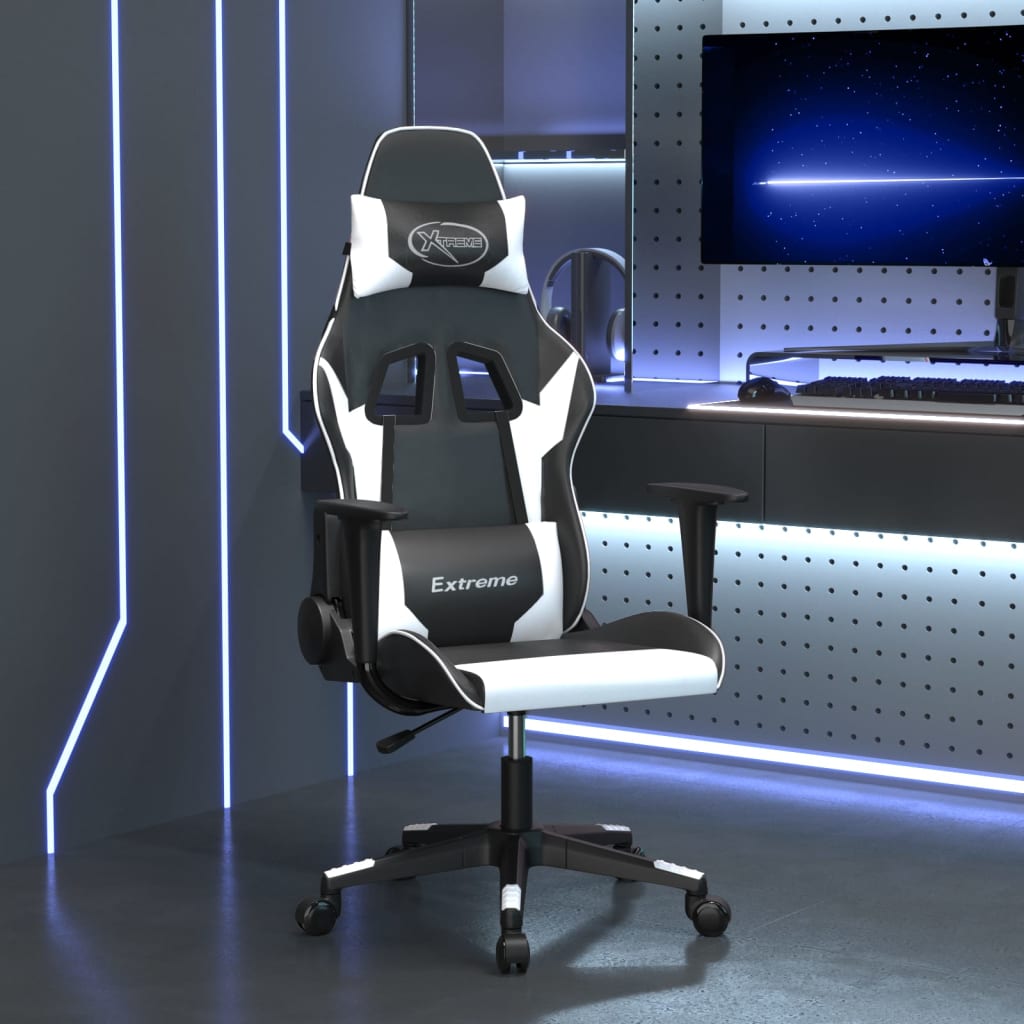 vidaXL Cadeira gaming massagens couro artificial preto e branco