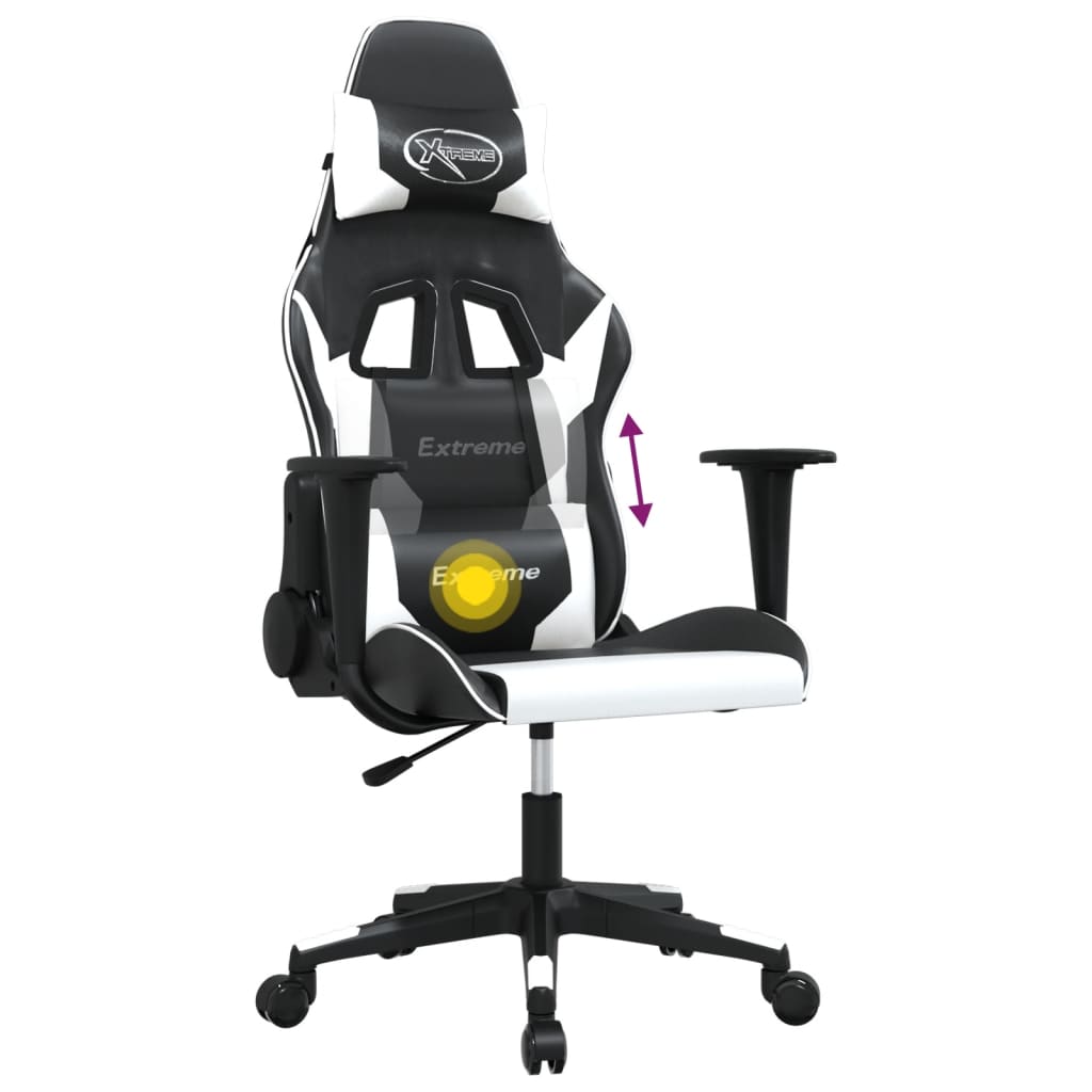 vidaXL Cadeira gaming massagens couro artificial preto e branco