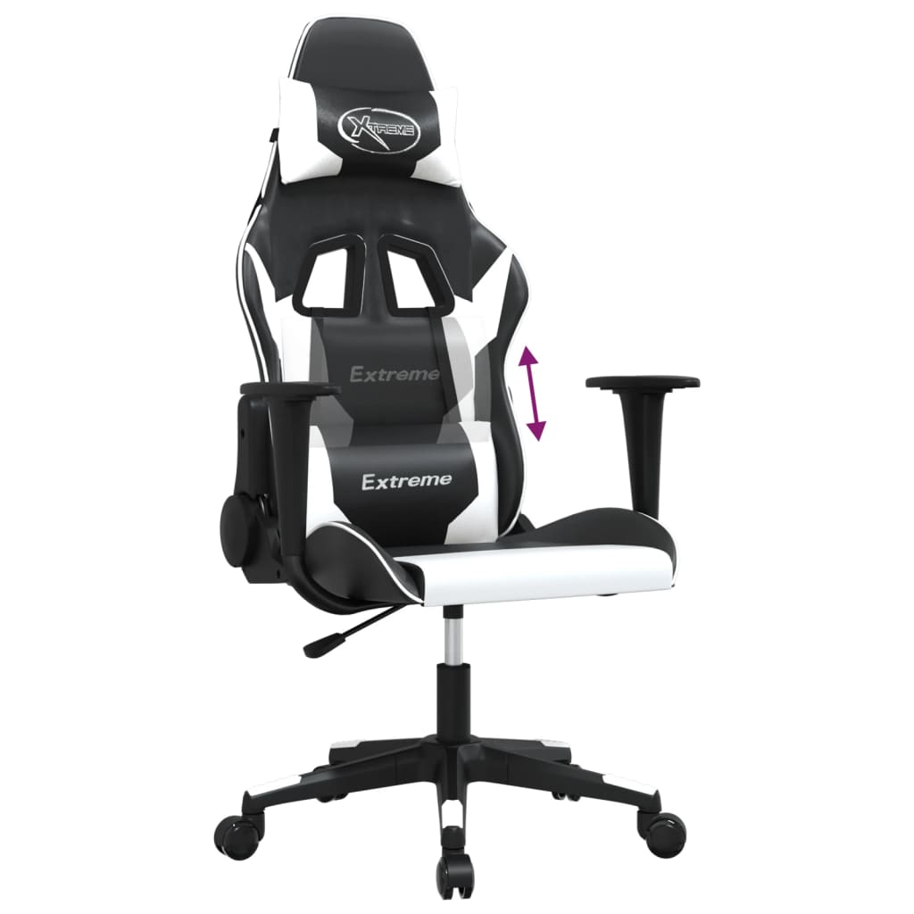 vidaXL Cadeira gaming massagens couro artificial preto e branco