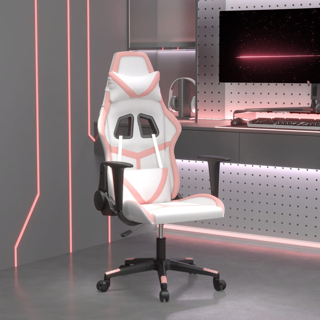 vidaXL Cadeira gaming massagens couro artificial branco e rosa