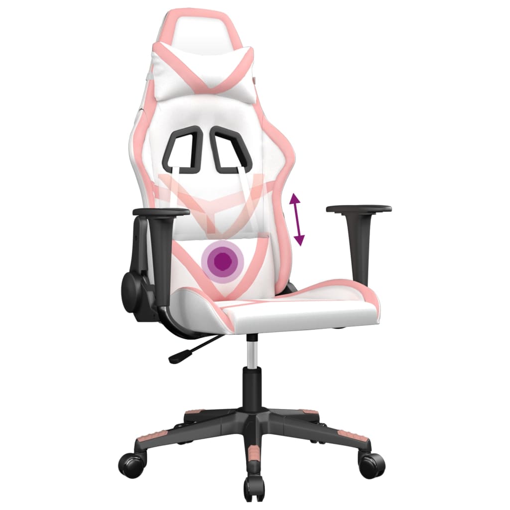 vidaXL Cadeira gaming massagens couro artificial branco e rosa