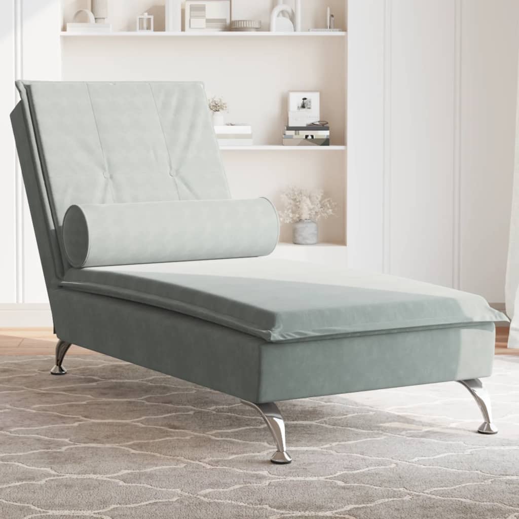 vidaXL Chaise lounge de massagem com rolo veludo cinzento-claro