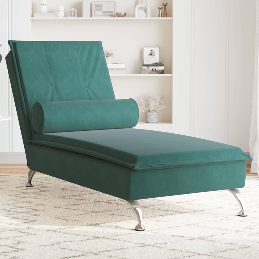 vidaXL Chaise lounge de massagem com rolo tecido verde-escuro