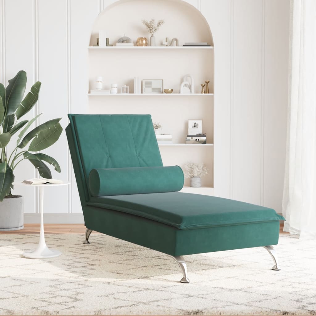 vidaXL Chaise lounge de massagem com rolo tecido verde-escuro