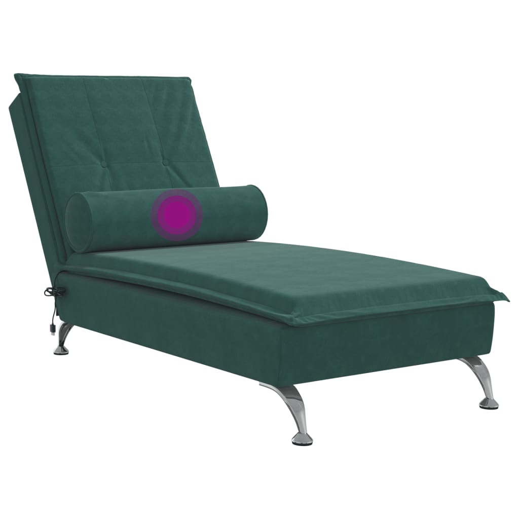 vidaXL Chaise lounge de massagem com rolo tecido verde-escuro