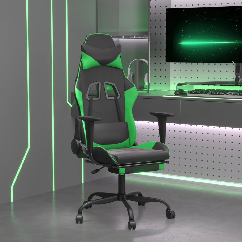 vidaXL Cadeira gaming massagens c/ apoio pés couro artif. preto/verde