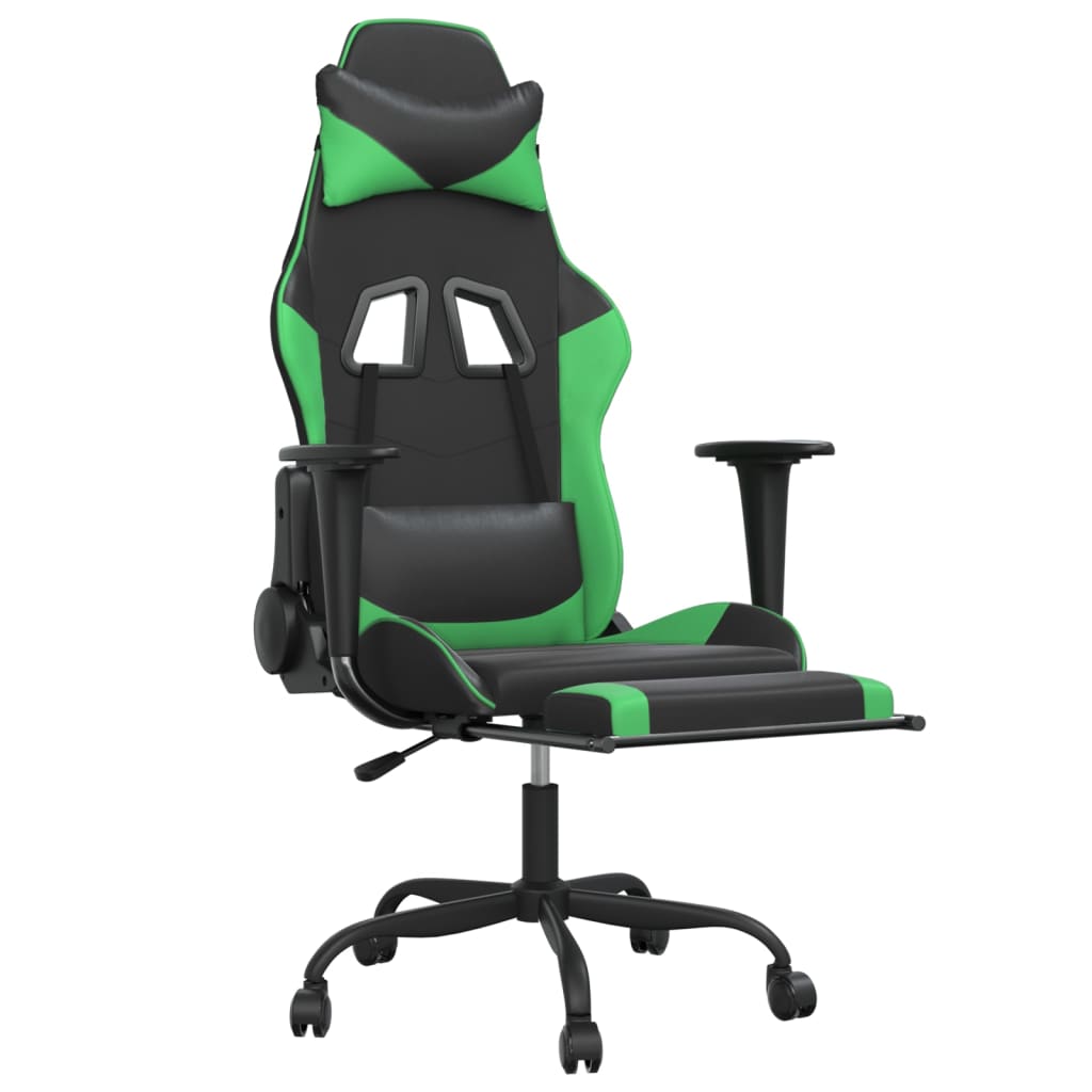 vidaXL Cadeira gaming massagens c/ apoio pés couro artif. preto/verde