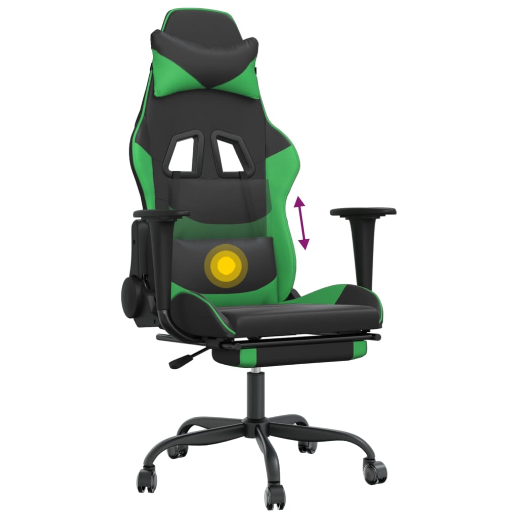 vidaXL Cadeira gaming massagens c/ apoio pés couro artif. preto/verde