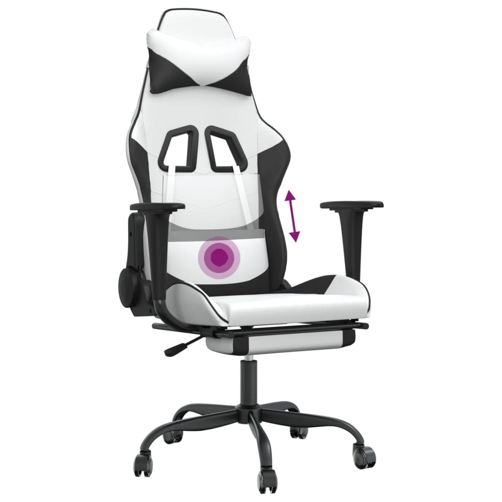 vidaXL Cadeira gaming massagens c/ apoio pés couro artif. Branco/preto