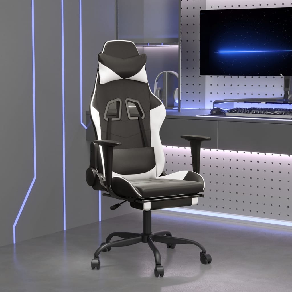 vidaXL Cadeira gaming massagens c/ apoio pés couro artif. preto/branco