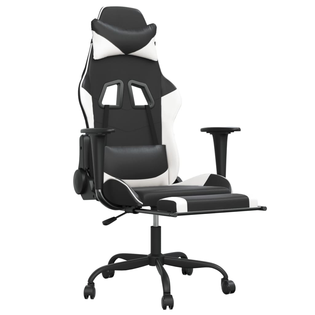 vidaXL Cadeira gaming massagens c/ apoio pés couro artif. preto/branco