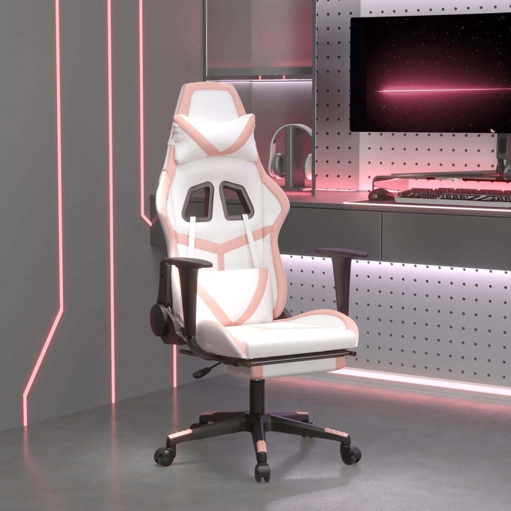 vidaXL Cadeira gaming massagens c/ apoio pés couro artif. branco/rosa