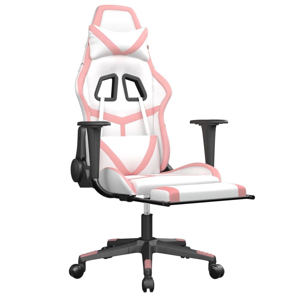 vidaXL Cadeira gaming massagens c/ apoio pés couro artif. branco/rosa