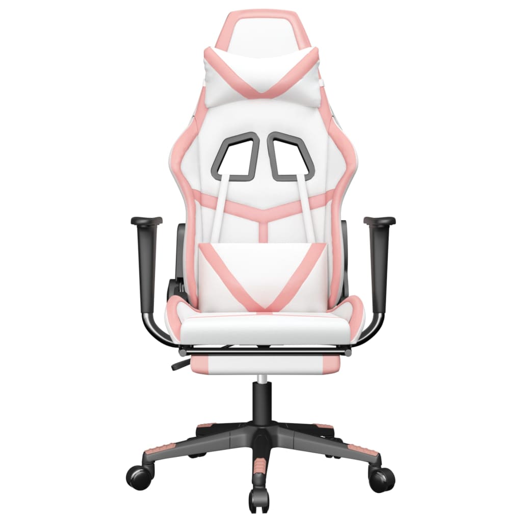 vidaXL Cadeira gaming massagens c/ apoio pés couro artif. branco/rosa