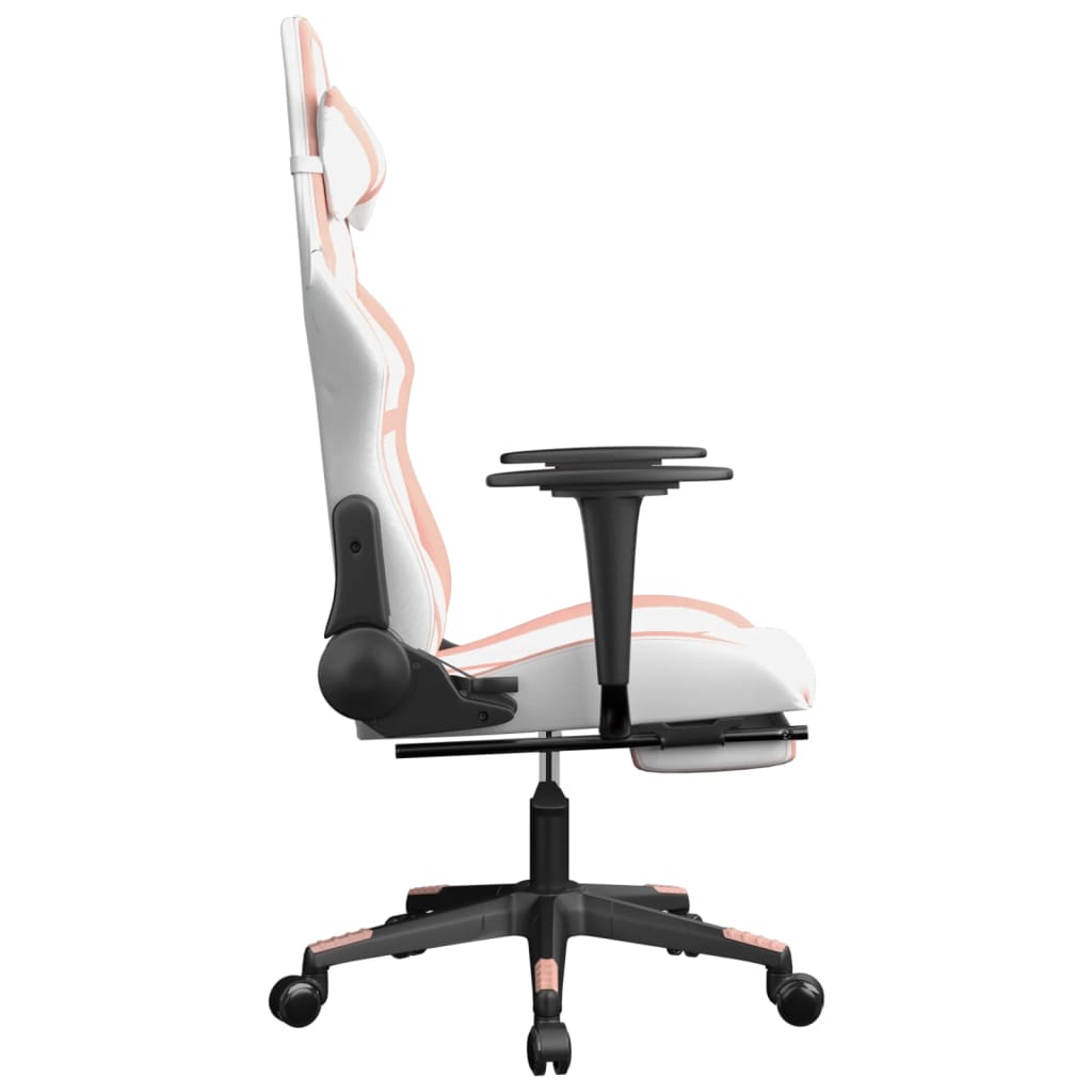 vidaXL Cadeira gaming massagens c/ apoio pés couro artif. branco/rosa