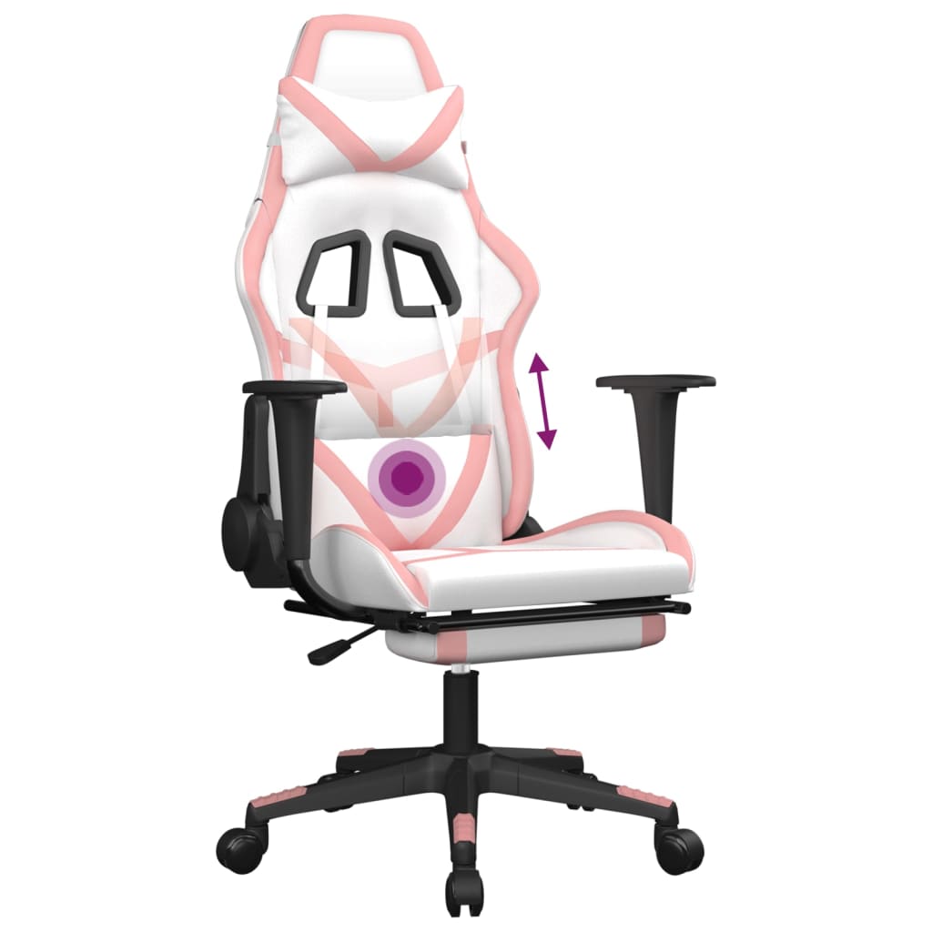 vidaXL Cadeira gaming massagens c/ apoio pés couro artif. branco/rosa