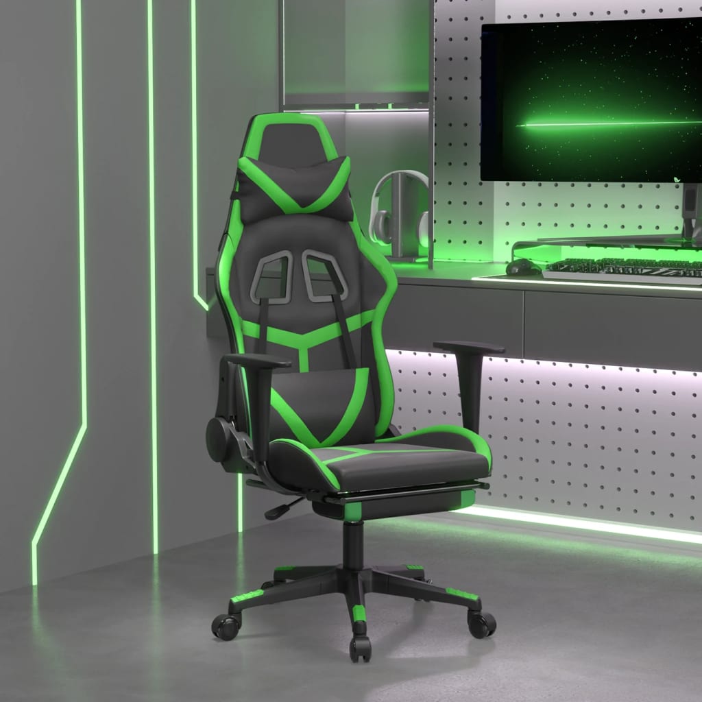 vidaXL Cadeira gaming massagens c/ apoio pés couro artif. preto/verde