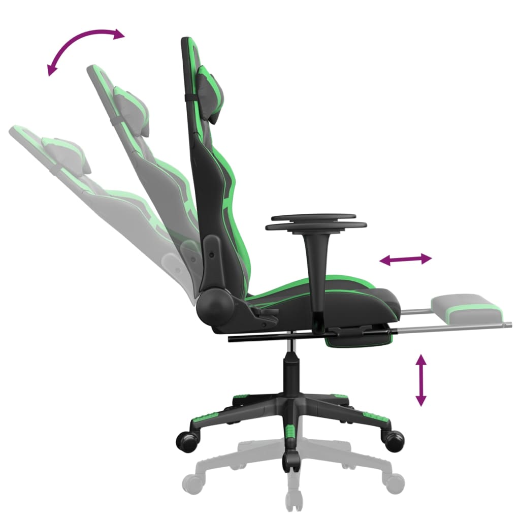 vidaXL Cadeira gaming massagens c/ apoio pés couro artif. preto/verde