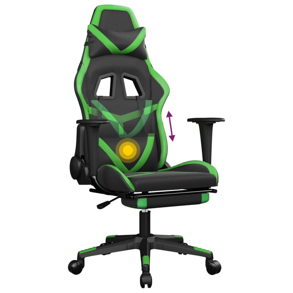 vidaXL Cadeira gaming massagens c/ apoio pés couro artif. preto/verde